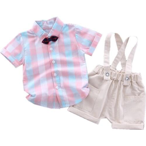 New Summer Baby Boy Clothes Suit Children Plaid Cotton Shirt Overalls 2Pcs/sets Toddler Fashion Casual Clothing Kids Tracksuits