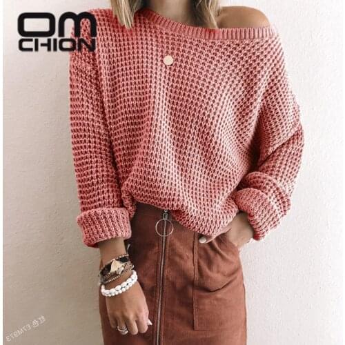 OMCHION Pull 2021 Womens Winter Clothing Fall Winter Slash Neck One Shoulder Off Loose Sweater And Pullover Oversized Knitwear