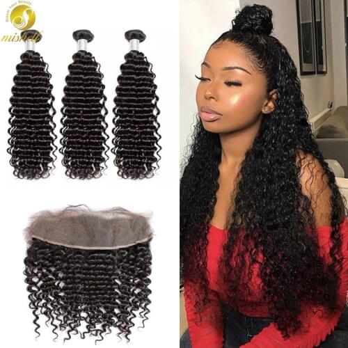 Mishell Deep Curly Human Hair Bundles With Frontal Kinky Curl Human Hair Extension 30 32 34 40 Inch Bundles With Frontal