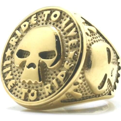 Size 7 to Size 15 Unisex 316L Stainless Steel Cool Ride to Live, Live to Ride Gold-Color Flaming Skull Ring