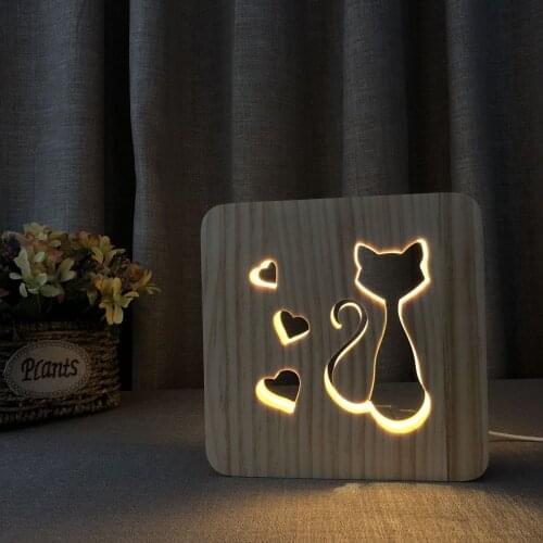 Cat Heart Modeling Wooden Hollow Carving LED Lamp USB Baby Sleep Night Lights Wood Crafts Art Ornaments
