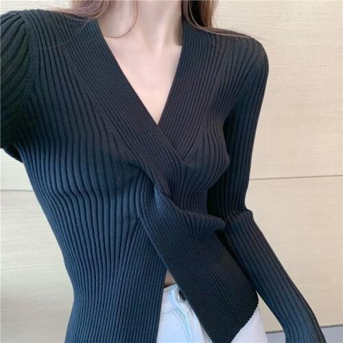 Sexy Deep V Neck Sweaters For Women 2020 Fashion Korean Cross Knitted Pullover White Black Long Sleeve Winter Tops Slim Jumpers