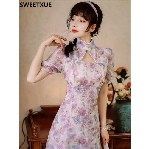 SWEETXUE Summer French Vintage Romantic Print Floral Chinese Style Cheongsam Improved Dress Girl Modern Daily Elegant Dress Lady