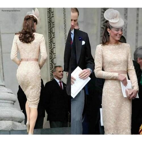Kate Middleton Long Sleeves Evening Dresses 2019 Champagne Knee Length Celebrity Holiday Wear Formal Party Prom Gowns Plus Size