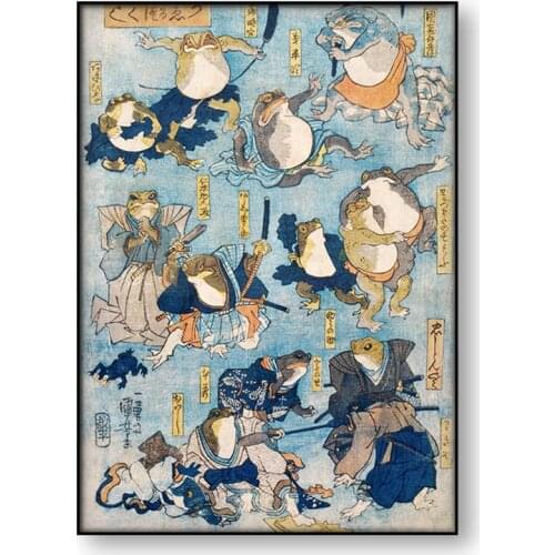 Vintage Frog Art Canvas Print Famous Heroes Kabuki Stage Played by Frogs Antique Japanese Woodblock Wall Art Canvas Painting