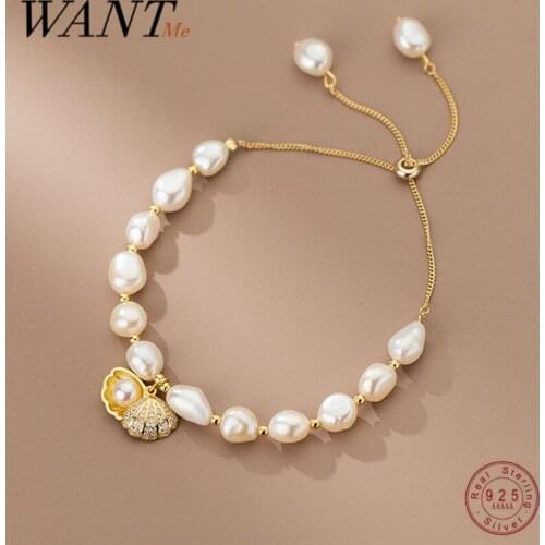 WANTME 925 Sterling Silver Luxury Zircon Beach Shell Baroque Pearl Charm Bracelet for Women Bohemian Fashion European Jewelry