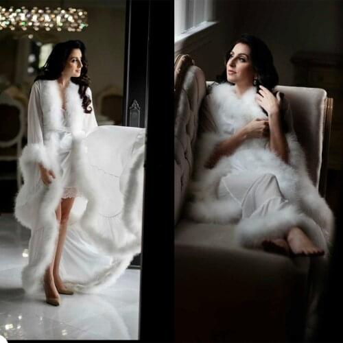 White Fur Women Sleepwear Robes Ladyies Sexy Sheer Feather Tiered Ruffles Kimono Pregnant Prom Nightrobes Bathrobe Nightgown