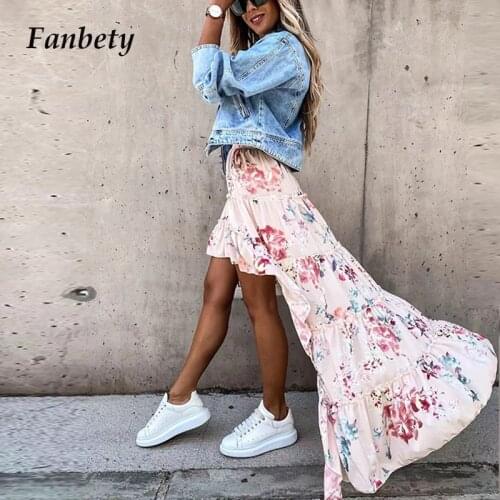 Spring Summer New Flower Print Long Skirts Elegant Temperament Flowy Irregular Skirt Women Fashion Draped Ruffle Party Skirt XL