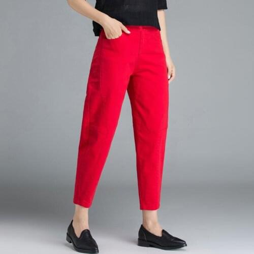 Spring Summer Women High Waist Loose Harem Pants Plus Size Casual Cotton Denim Female Ankle-length Red Jeans