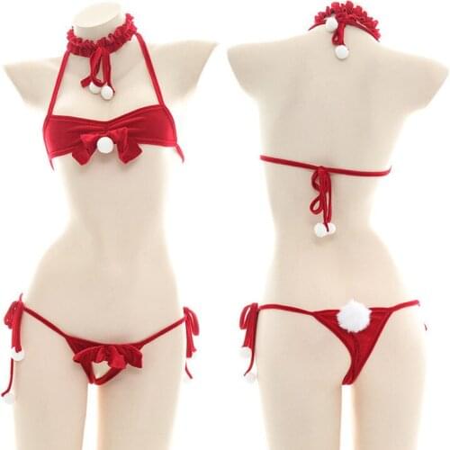 Japanese Sexy Lingerie Suit Gift Suit Bowknot Plush Ball Embellished Hollow Ladies Three-Point Lace-Up Pajamas Role-Playing Suit