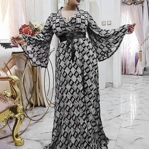 African Ethnic Long Dress Women 2021 Vintage Elegant Letter Print Color Block Fashion Long Sleeves Maxi Dresses Robe Femme