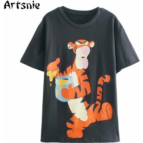 Artsnie Disney Cartoon Print T Shirt Women Summer 2021 O Neck Short Sleeve Oversized Tops Streetwear Dark Gray Knitted T-shirts