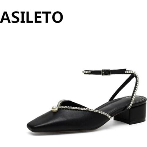 ASILETO 2021 New Summer Cow Leather Crystal Ankle Strap Buckle Sandals Square Heel Slingback Female Shoes Women Pumps Size 40