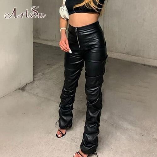 ArtSu High Waist Pants Y2K Clothes PU Leather Brown Long Trousers Gothic Streetwear Autumn Black Sweatpants Women Joggers Pants