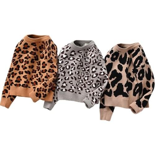 Baby Girls Boys Knitted Sweater Round Neck Leopard Print Childrens Tops Clothes Kids Long Sleeve Pullover Sweaters Baby Sweater