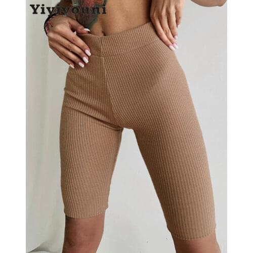 Yiyiyouni Elastic High Waist Knitted Skinny Shorts Women Summer Casual Solid Slim Shorts Women White Pink Cotton Bottoms Female