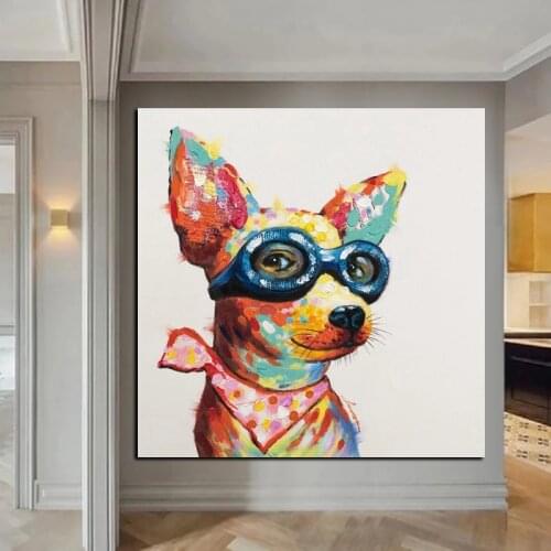 100% Hand Painted Oil painting Nordic Colorful Dog Fashion Pet Decor Lovely Wall Art For Living Room Large Size Frameless