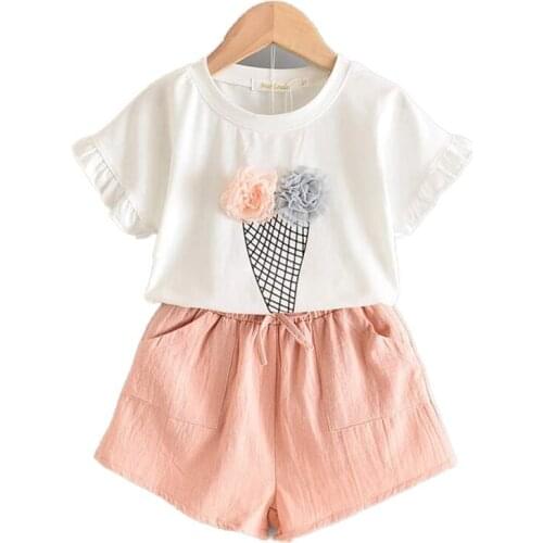 Girl Set Summer Brand 2021 New Clothes 2-6T for Girls Cartoon Ice-cream Pattern Cute T-shirt +Pocket Shorts Kid 2pcs Girl Suit