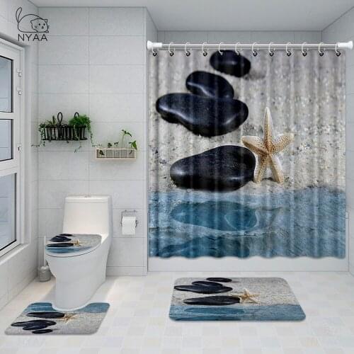 Sea Tree Summer Beach Printed Pattern Bathroom Shower Curtain Pedestal Rug Lid Toilet Cover Mat Non-Slip Bath Mat Carpet Set