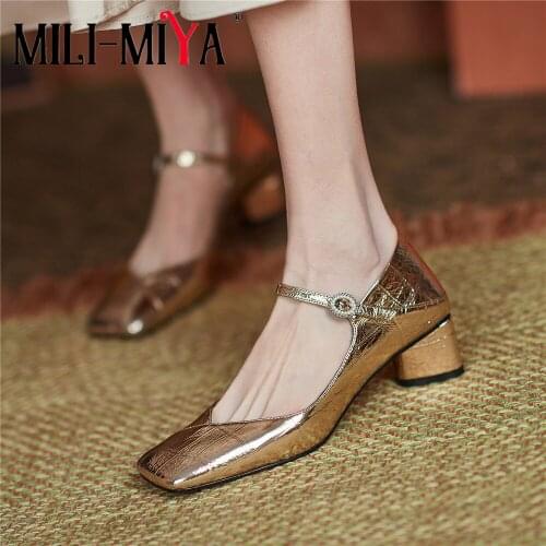 MILI-MIYA Fashion Square Toe Women Cow Patent Leather Buckle Strap Pumps Low Thick Heels Solid Color Size 34-39 For Ladies