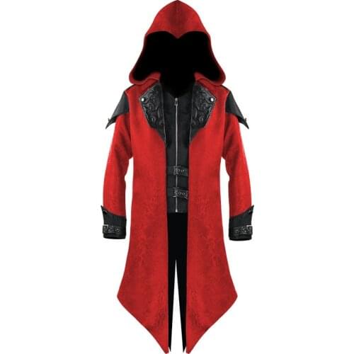 Mens Steampunk Gothic Hooded Leather Tailcoat Jacket Men Halloween Cosplay Stage Costume Medieval Victorian Frock Coat Uniform