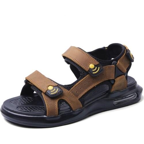 Mens Leather Sandals Open Toe Outdoor Hiking Sandals Air Cushion Sport Sandals Waterproof Beach Sandals