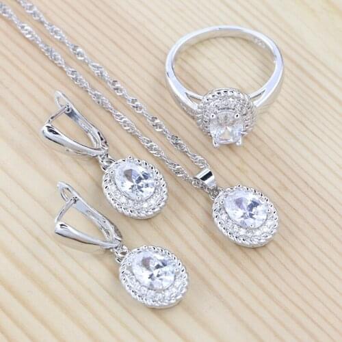 925 Sterling Silver Jewelry Sets For Women White Cubic Zirconia Crystal Drop Earrings/Pendant/Necklace/Ring Set