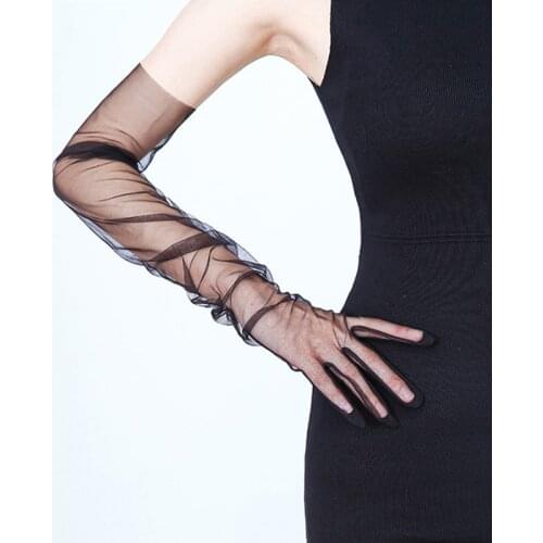 New Sunscreen Gloves Female Sexy Lace Driving Gloves Black Mesh Yarn Long Full Finger Touch Screen Mittens Party Lace Gloves