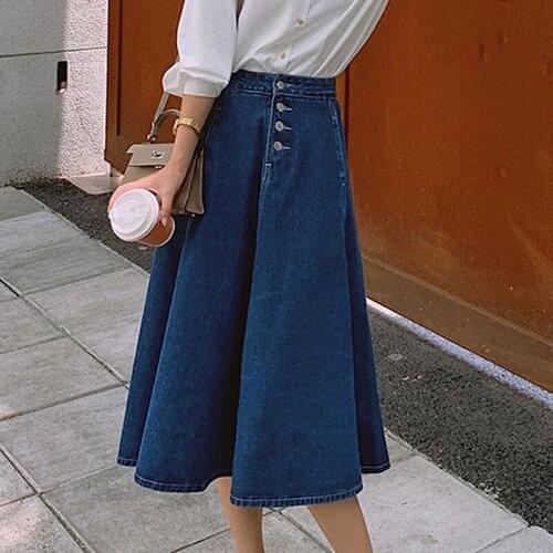 Casual A-Line Denim Skirts Women 2021 Summer High Waist Buttons Long Jeans Skirts Plus Size England Style Skirts jupe femme