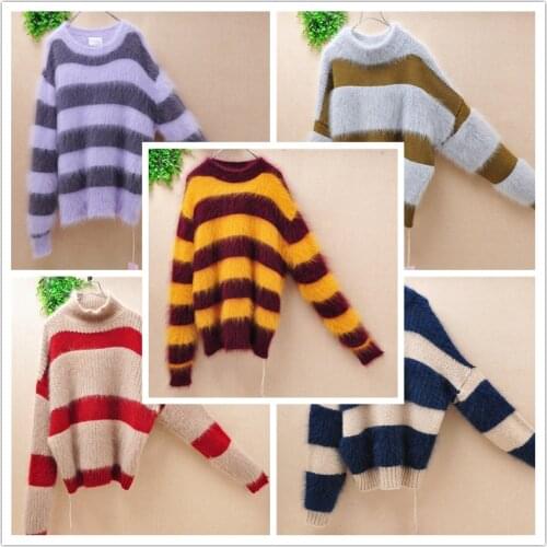 Ladies women fashion thick keep warm short style mink cashmere knitted striped loose pullover angora rabbit fur winter jumper