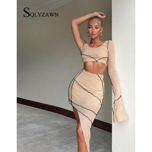 Mesh Transparent Sexy One Shoulder Irregular Skirt Two Piece Suit for Women Summer Flare Sleeve Tops Party Club Dress Set Outfit