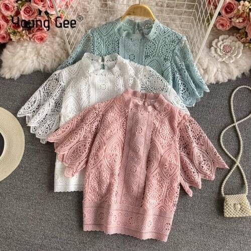 Young Gee Summer Sweet Crochet Lace Women Blouses Fashion O-neck Ladies Tops Vintage Floral Basic Hollow Out Shirts blusas mujer