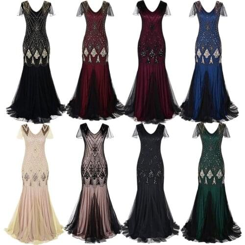 Women 1920s Great Gatsby Sequins Beads Deco Dress Long 20s Flapper Vintage V Neck Short Sleeve Maxi Party Dress for Prom Cocktai