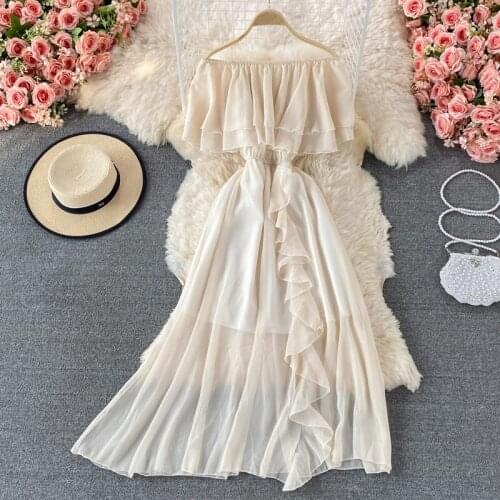 Womens Spring Autumn Runway Fashion Elastic Slash Neck A-line Chiffon Dress Female High Waist ChicTravel Beach Dress TB1952
