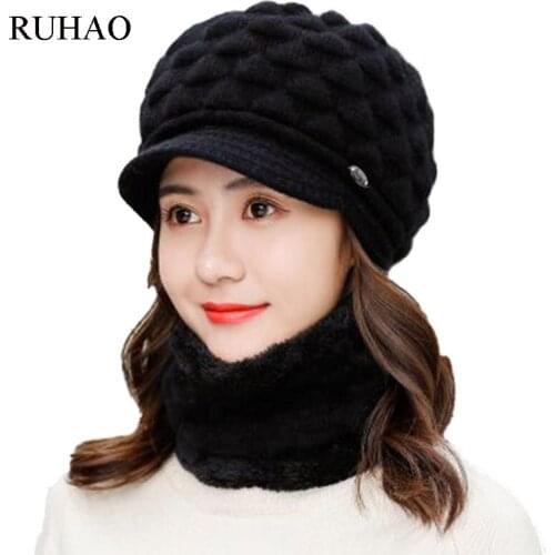 RUHAO Winter Beanies women Scarf Knitted Hat Caps Mask Gorras Bonnet Warm Baggy Winter Hats For Women Beret Skullies Beanie Hats