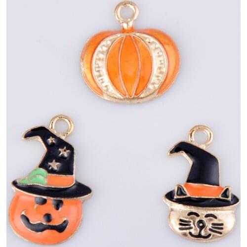 10pcs lot Enamel accessories holiday Halloween theme charms pumpkin hat cat hair decorative material bracelet necklace DIY alloy
