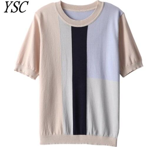 2021 New pattern Women Knitted fabric Sweater Round collar Multicolor stitching Fine yarn pleasantly cool High-quality pullover