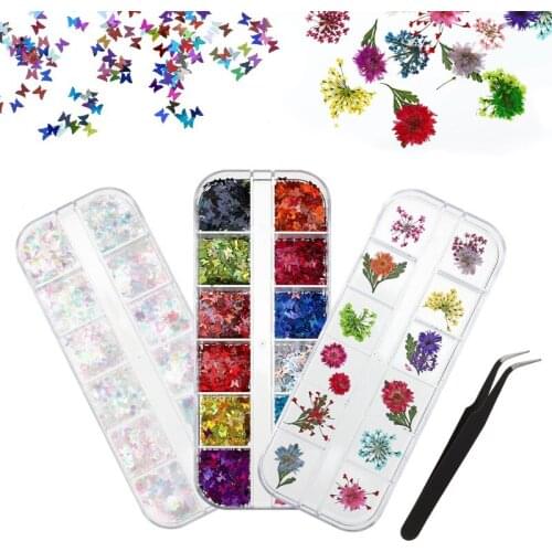 3 Box/set 3D Mirror Sparkly Butterfly Nail Sequins Paillette Mixed Colors Nail Holographic Glitter Flakes Slices With Tweezer