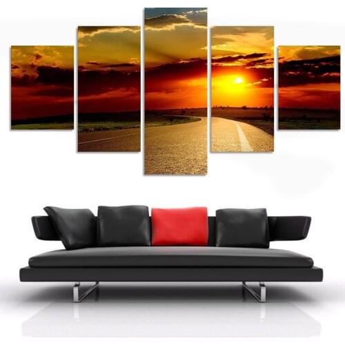 5 Panels Wall Art Canvas Prints Painting Road Sunset Landscape Painting Pictures for Living Room Home Decor Artwork Unframed
