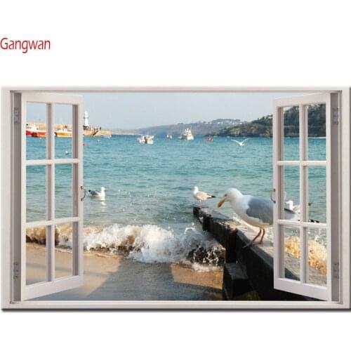 Diamond Embroidery beach Seagull Landscape Full Round Diamond Painting window Harbor Rhinestone Picture Mosaic Bead Home Decor