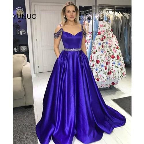 YUNUO Satin Off-the-shoulder Straps Prom Dresses Formal Gowns Pockets A Line Beaded Belt vestidos de noite Evening Dress
