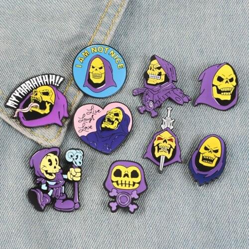 9Styles Skeletor Purple Hood Enamel Pin Masters of The Universe Badge Brooch Bag Clothes Lapel Pin Classic Cartoon Jewelry