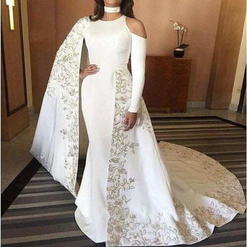 Elegant Arabic Kaftan Evening Dresses Sleeves White 2021 Prom Party Dress Indian Abiya Morrocan Dress With Embroidery