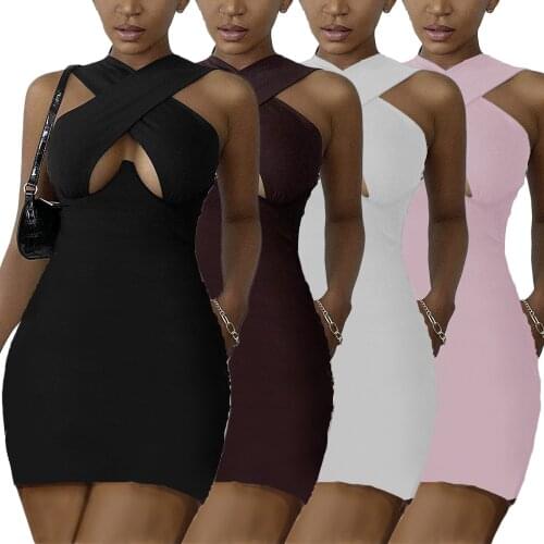 Hirigin Fashion Women Wrapped Dress Sleeveless Backless Cross Bandage Tight Chest Front Cutout Sexy Slimming Summer Mini Skirt