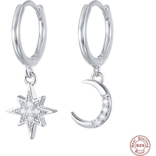 925 Sterling Silver Asymmetry Crystal Star Moon Charms Stud Earrings For Women Girls Wedding Party Jewelry eh375