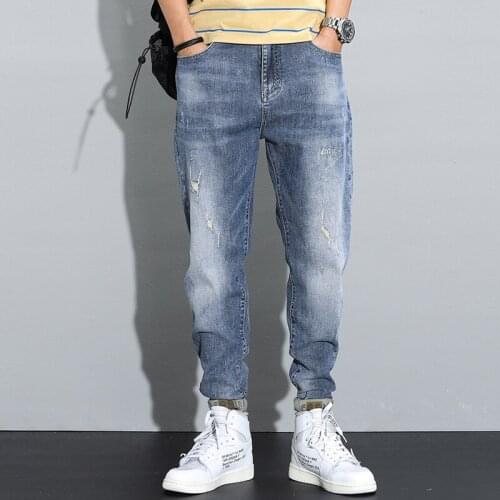 Korean Style Fashion Men Jeans High Quality Retro Blue Slim Fit Elastic Ripped Jeans Men Streetwear Hip Hop Denim Harem Pants