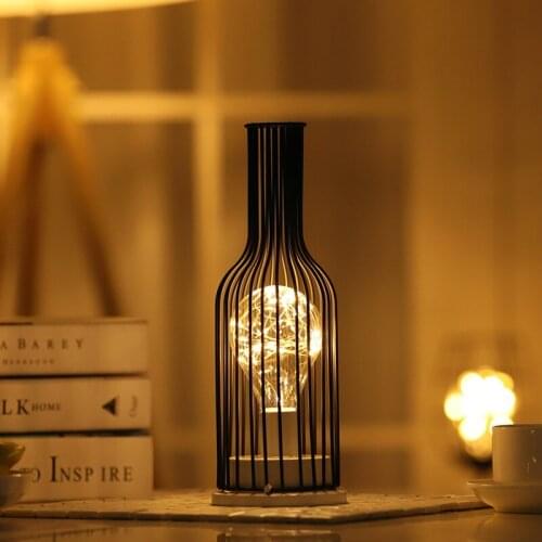 Table Lamp Wire Blub Light Modern Light for Home Office Hotel Creative Wrought iron Lantern Red Wine Bottle LED night Lamp