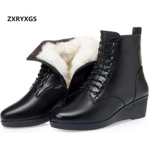 New Fashion Top Cowhide Leather Boots Black Shoes Womens Boots Large Size Non-slip Wedges Warm Plush / Wool Winter Snow Boots