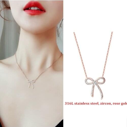 316L Stainless Steel 2021 New Fashion Upscale Jewelry Full Zircon Sweet Bowknot Charms Chain Choker Necklaces Pendants For Women