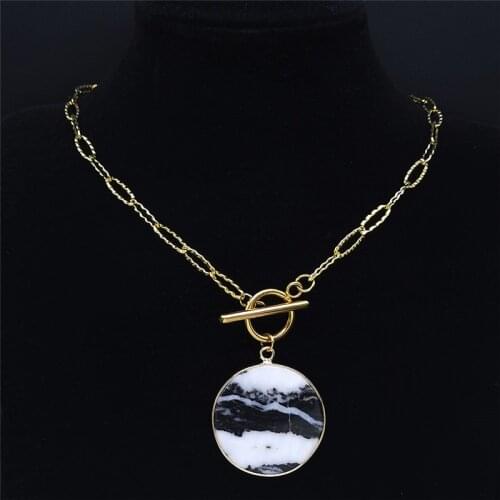 Stainless Steel Natural Stone Necklace Pendant Women Round Gold Color Necklace Jewelry acero inoxidable joyeria NXS04